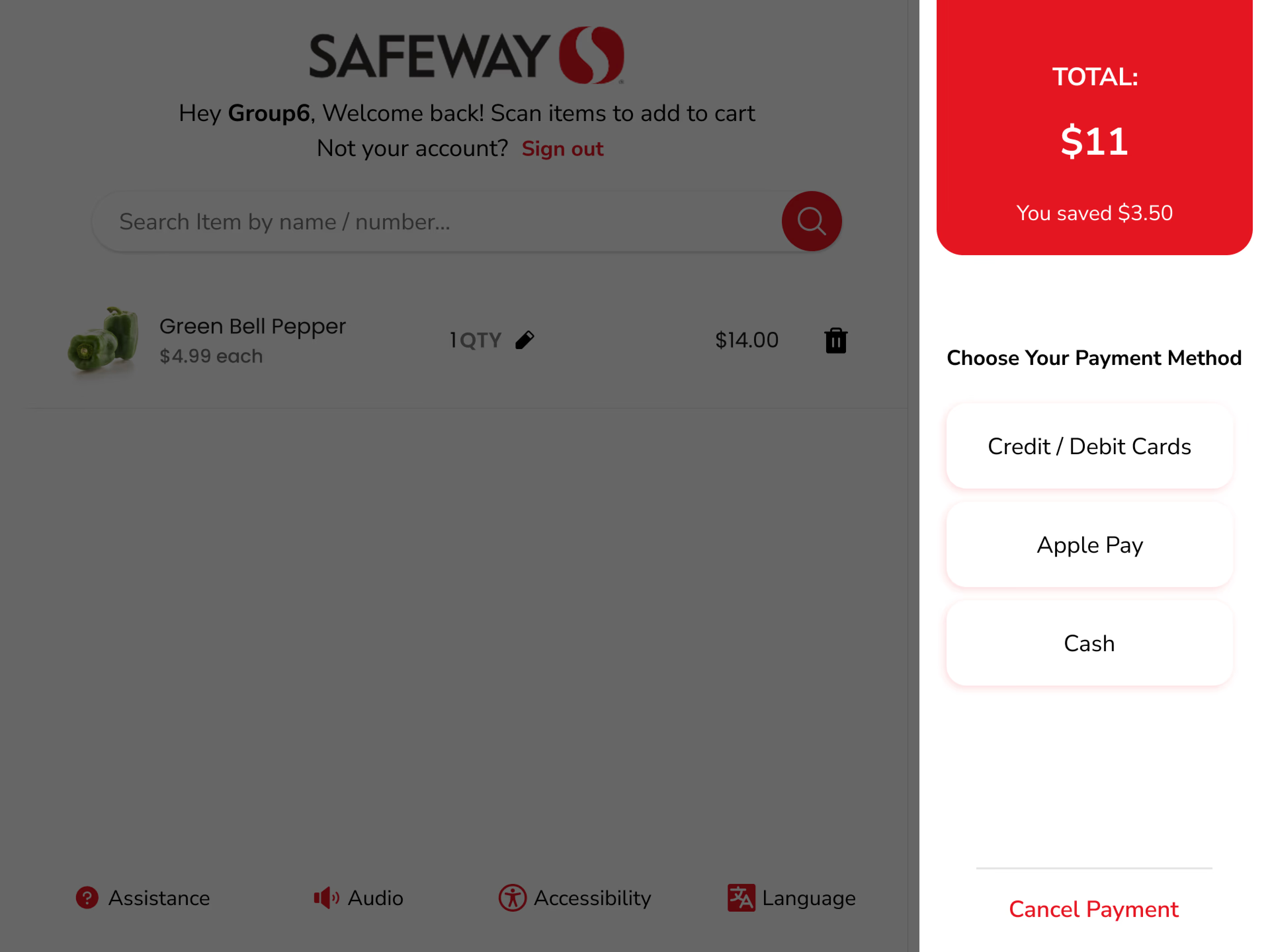 Payment method selection screen